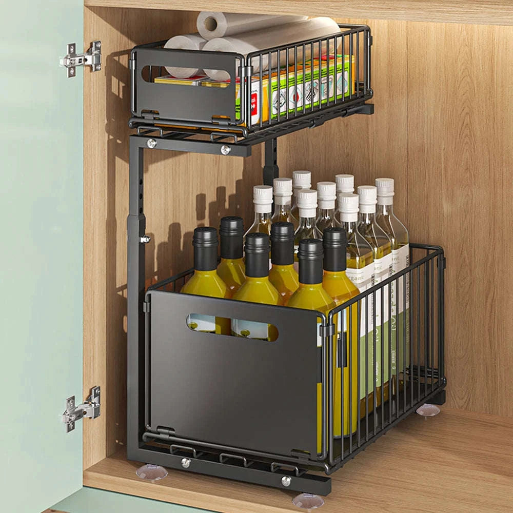 2-Tier Pull-Out Cabinet Organizer Adjustable Steel Storage Rack-From-ES / france