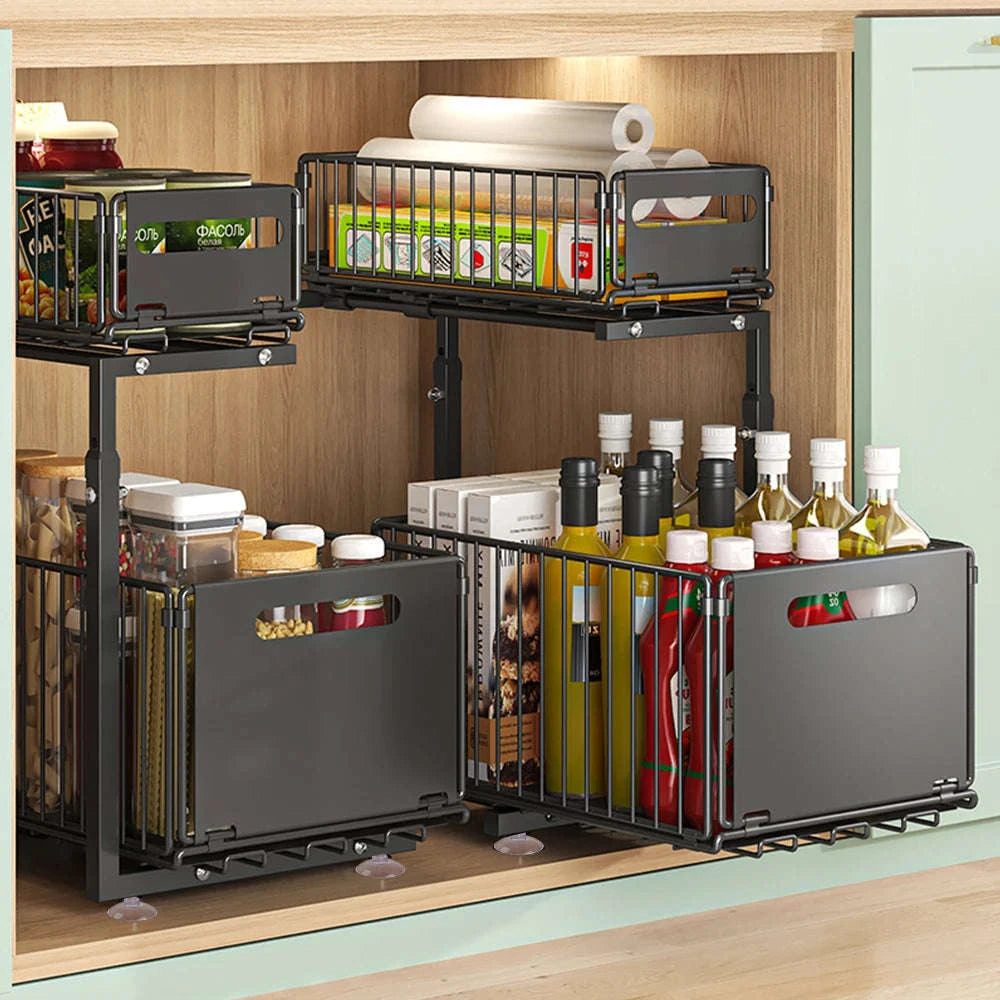 2-Tier Pull-Out Cabinet Organizer Adjustable Steel Storage Rack-From-ES / france