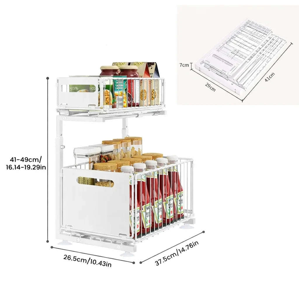 2-Tier Pull-Out Cabinet Organizer Adjustable Steel Storage Rack-From-ES / france
