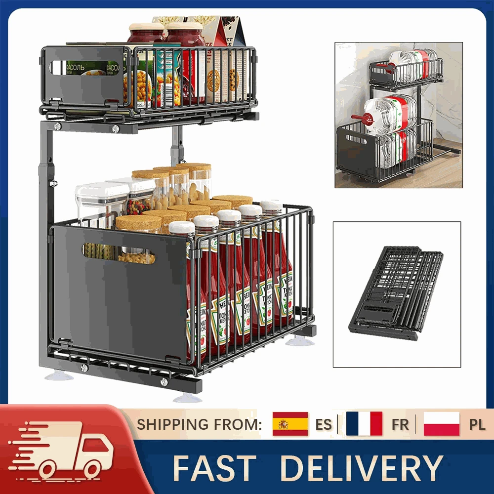 2-Tier Pull-Out Cabinet Organizer Adjustable Steel Storage Rack-From-ES / france