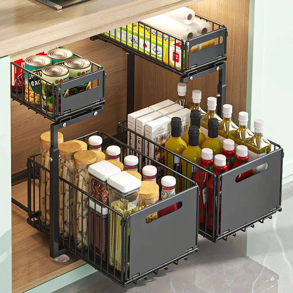 2-Tier Pull-Out Cabinet Organizer Adjustable Steel Storage Rack-From-ES / france