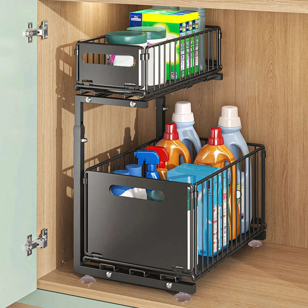 2-Tier Pull-Out Cabinet Organizer Adjustable Steel Storage Rack-From-ES / france