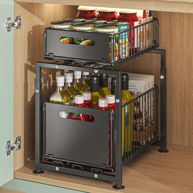 2-Tier Pull-Out Cabinet Organizer Adjustable Under Sink Storage Rack-black / france / 2-tier