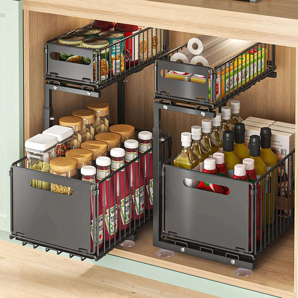 2-Tier Pull-Out Cabinet Organizer Adjustable Under Sink Storage Rack-black / france / 2-tier
