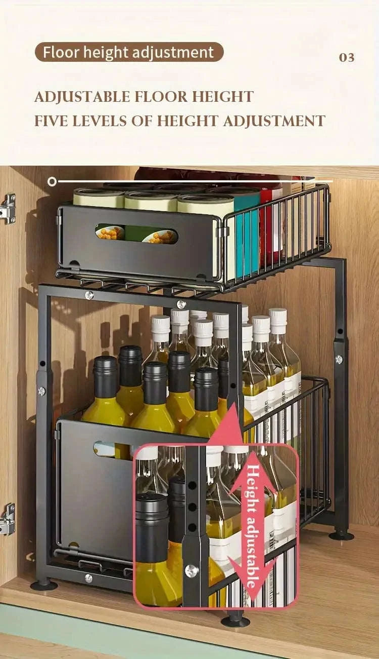 2-Tier Pull-Out Cabinet Organizer Adjustable Under Sink Storage Rack-black / france / 2-tier