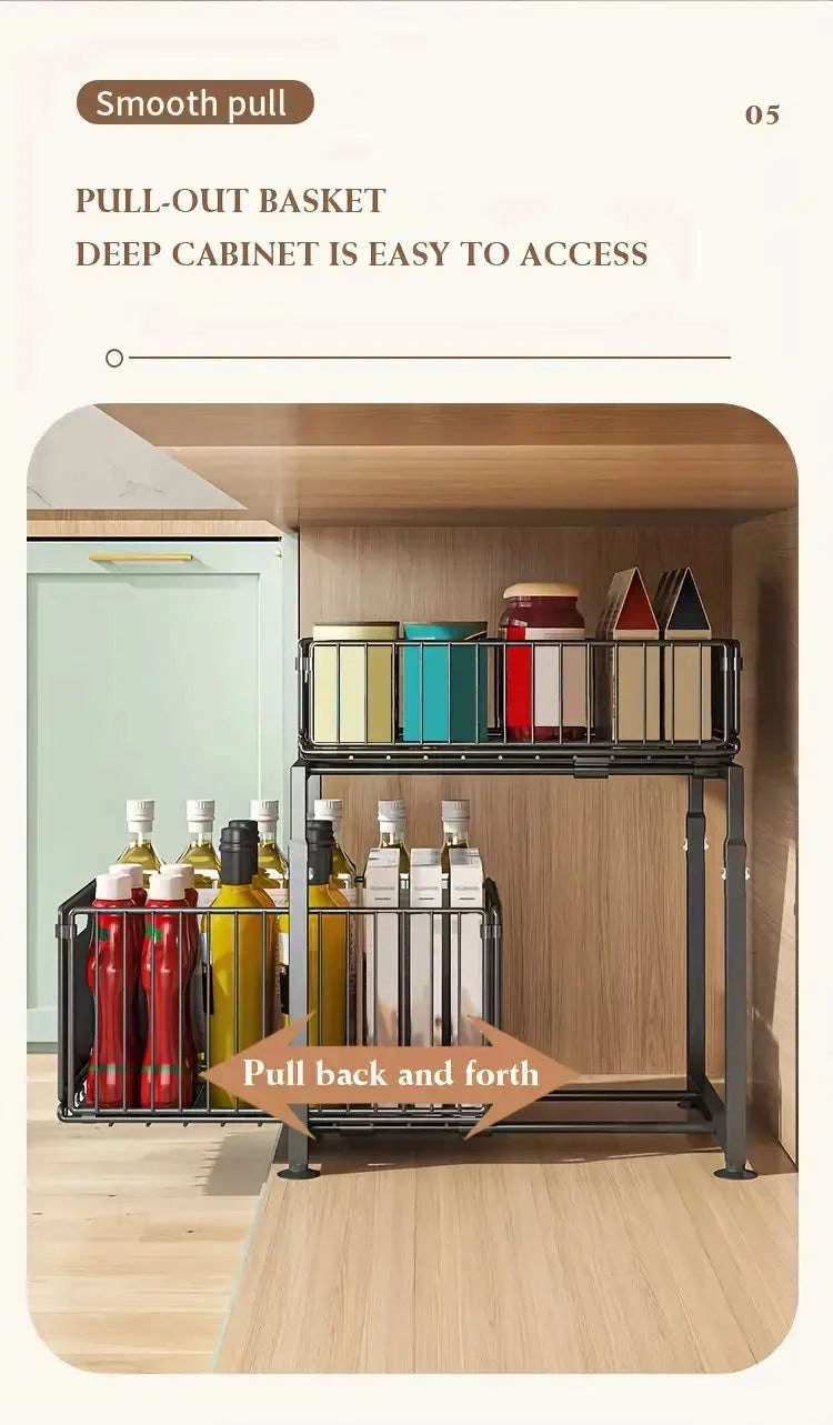 2-Tier Pull-Out Cabinet Organizer Adjustable Under Sink Storage Rack-black / france / 2-tier