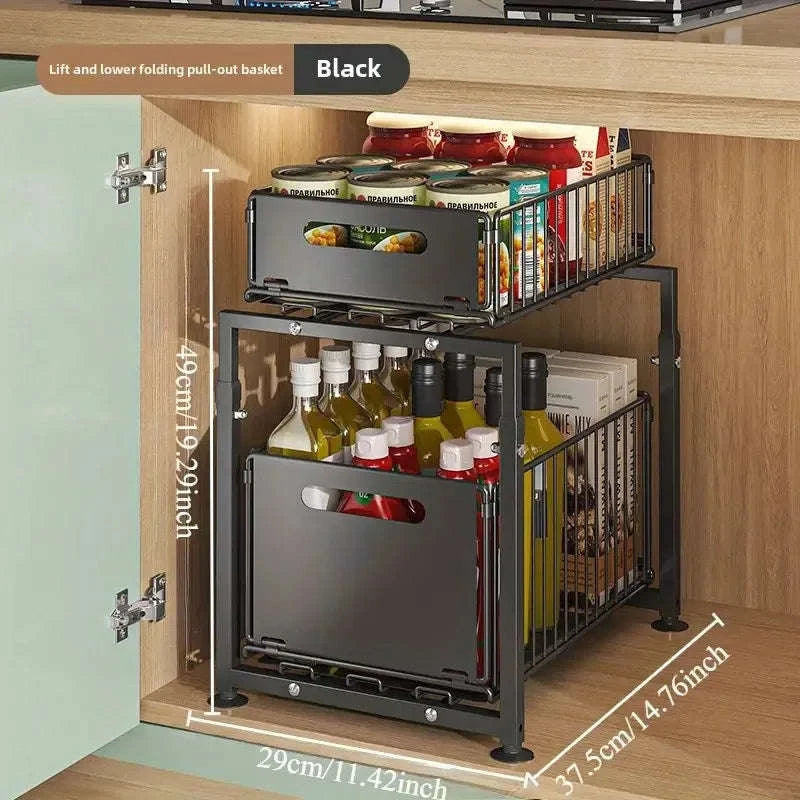 2-Tier Pull-Out Cabinet Organizer Adjustable Under Sink Storage Rack-black / france / 2-tier