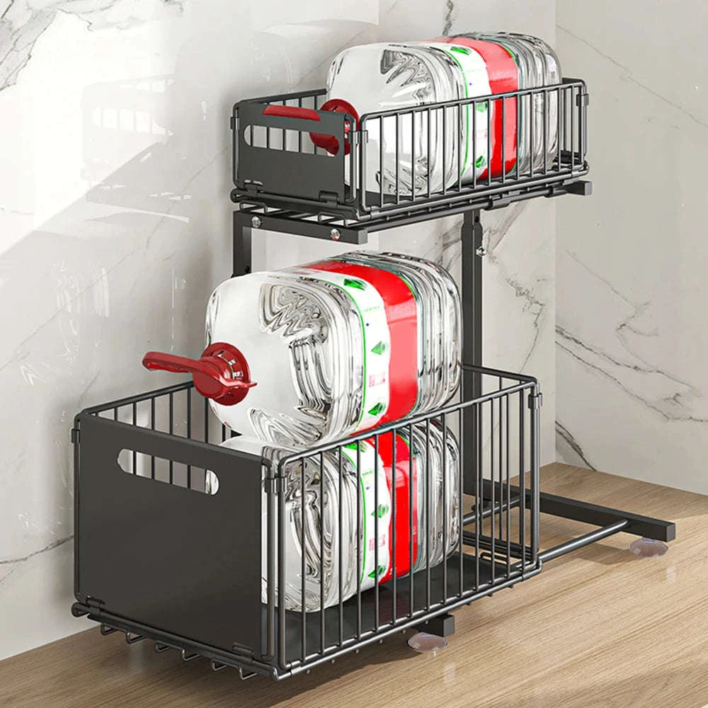 2-Tier Pull-Out Cabinet Organizer Adjustable Under Sink Storage Rack-black / france / 2-tier