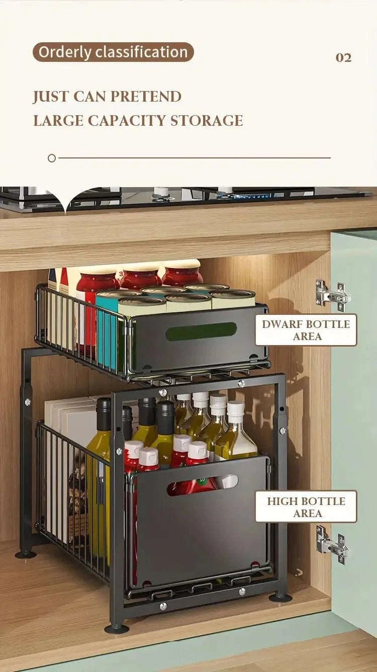 2-Tier Pull-Out Cabinet Organizer Adjustable Under Sink Storage Rack-black / france / 2-tier