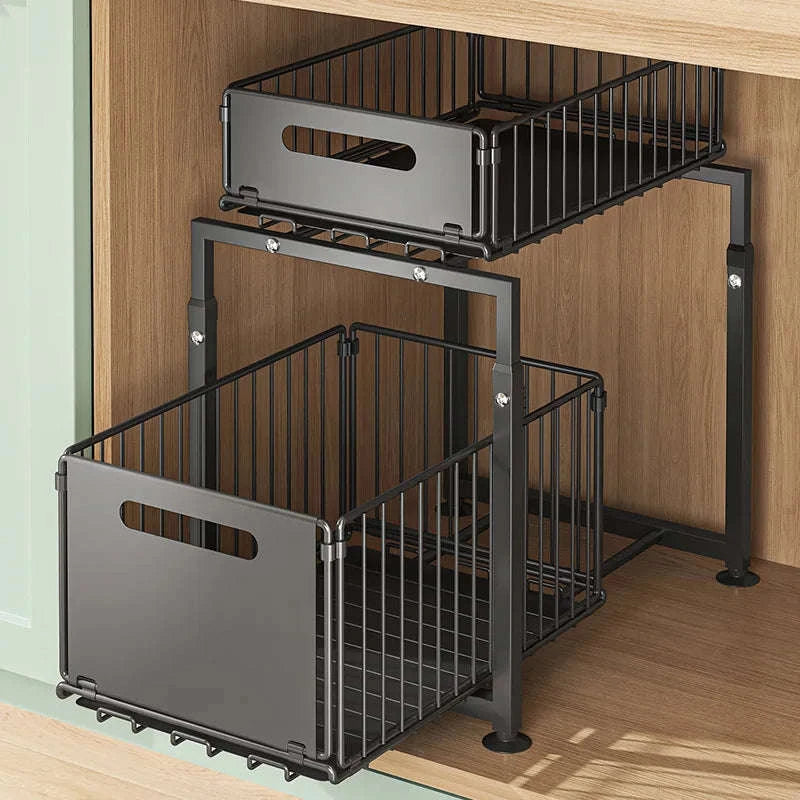 2-Tier Pull-Out Cabinet Organizer Adjustable Under Sink Storage Rack-black / france / 2-tier