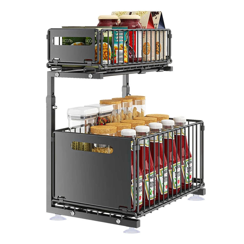 2-Tier Pull-Out Cabinet Organizer Adjustable Under Sink Storage Rack-black / france / 2-tier