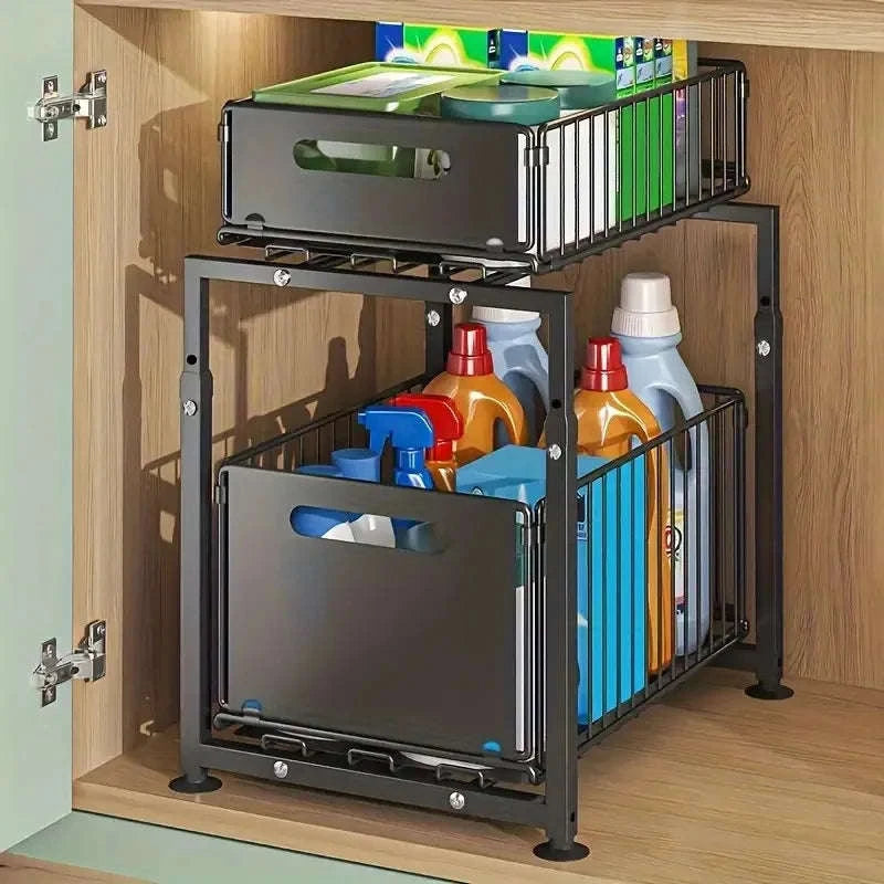 2-Tier Pull-Out Cabinet Organizer Adjustable Under Sink Storage Rack-black / france / 2-tier