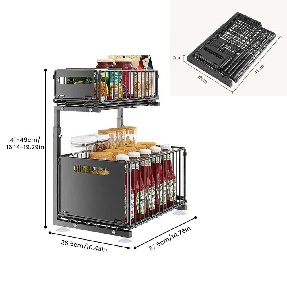2-Tier Pull-Out Cabinet Organizer Adjustable Under Sink Storage Rack-black / france / 2-tier