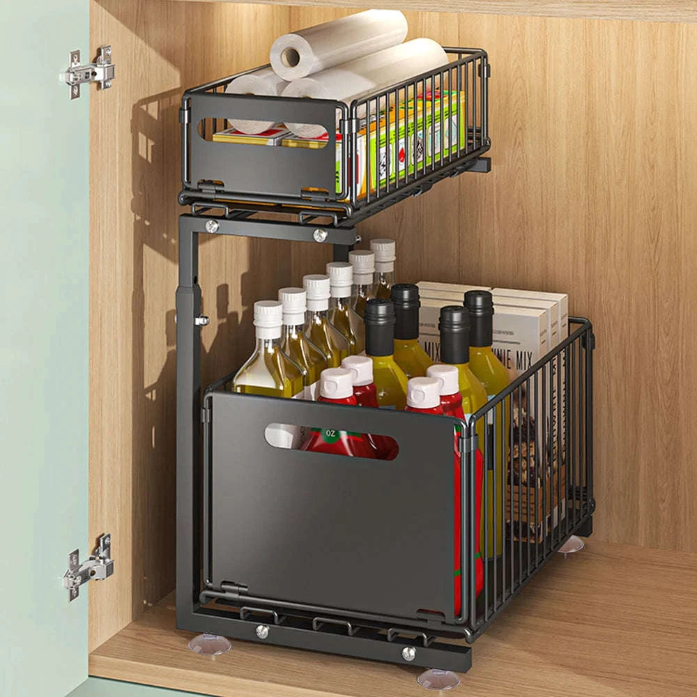 2-Tier Pull-Out Cabinet Organizer Adjustable Under Sink Storage Rack-black / france / 2-tier
