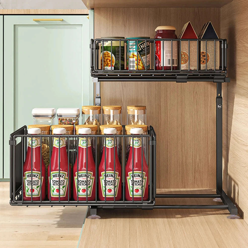 2-Tier Pull-Out Cabinet Organizer Adjustable Under Sink Storage Rack-black / france / 2-tier