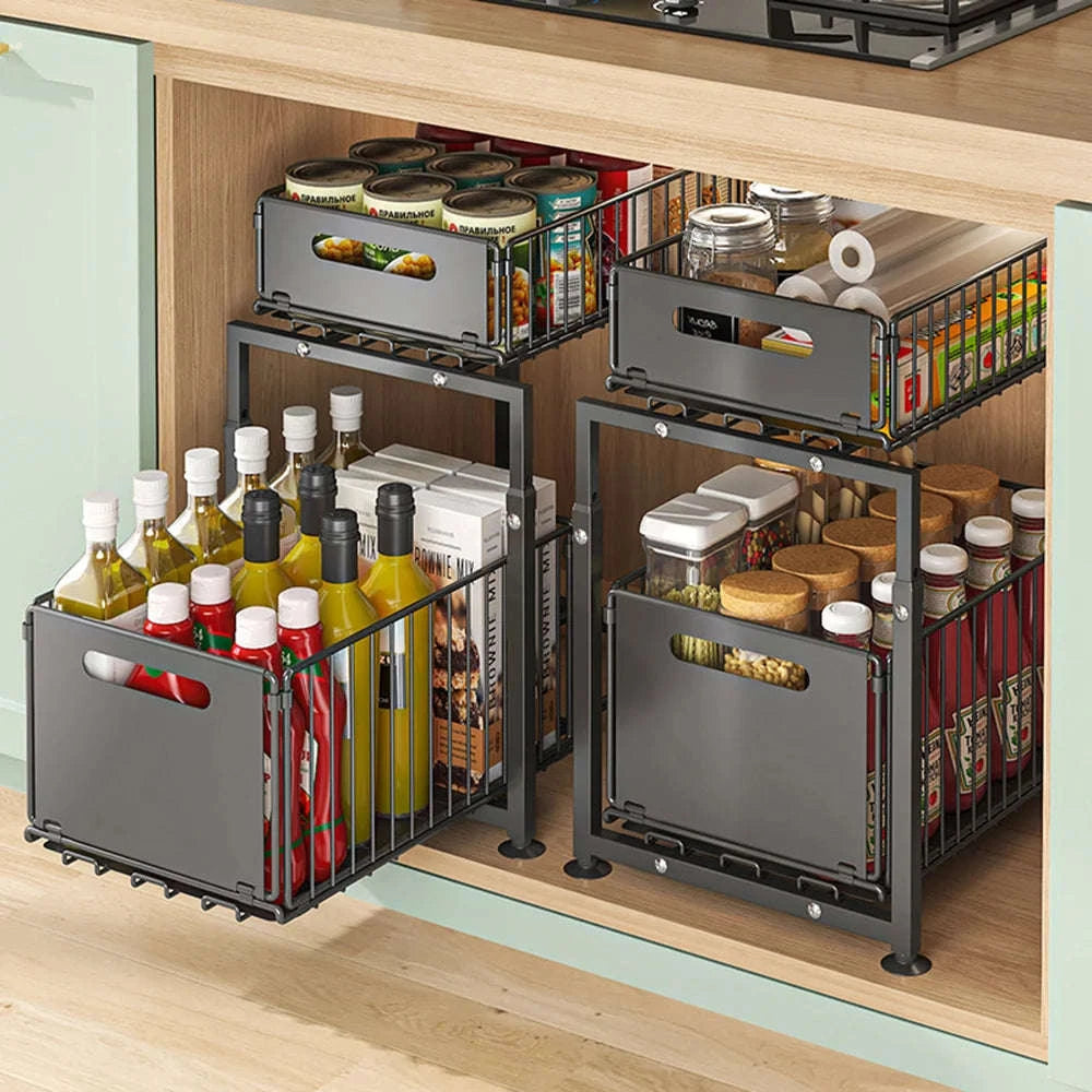 2-Tier Pull-Out Cabinet Organizer Adjustable Under Sink Storage Rack-black / france / 2-tier