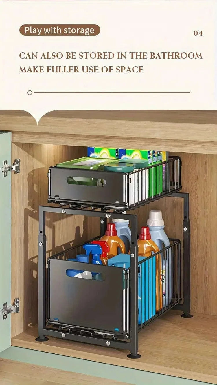 2-Tier Pull-Out Cabinet Organizer Adjustable Under Sink Storage Rack-black / france / 2-tier