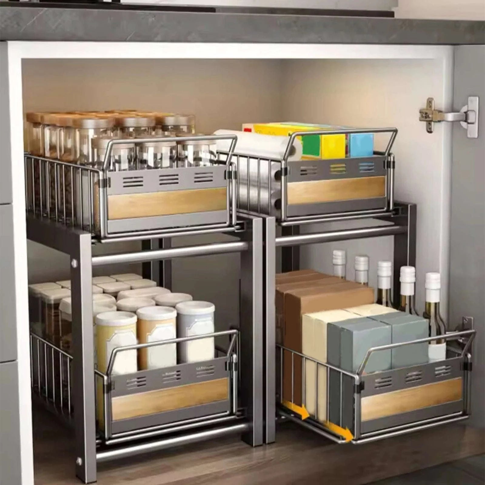 2-Tier Pull-Out Under Sink Storage Rack with Silent Sliding Drawers-2pcs / france