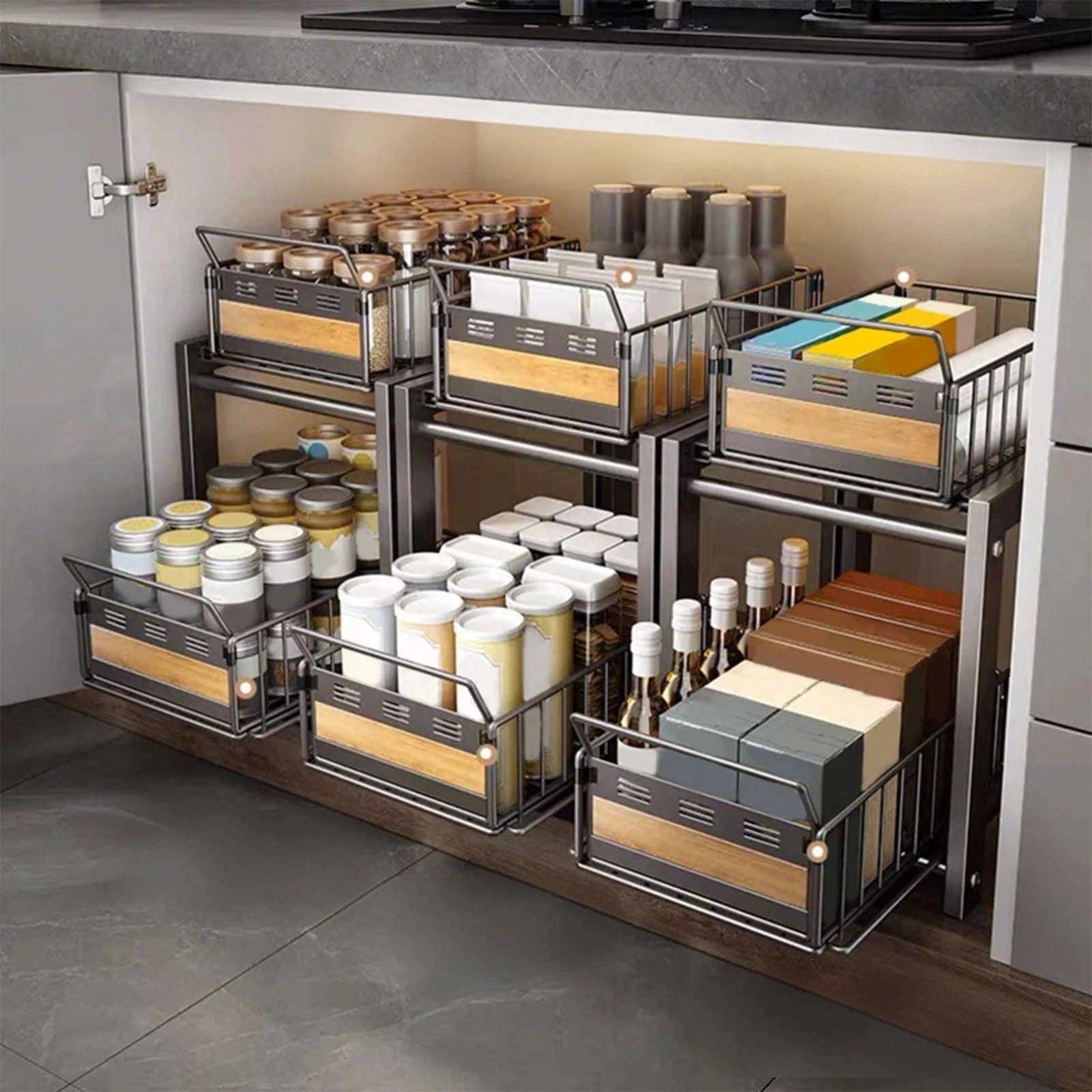 2-Tier Pull-Out Under Sink Storage Rack with Silent Sliding Drawers-2pcs / france