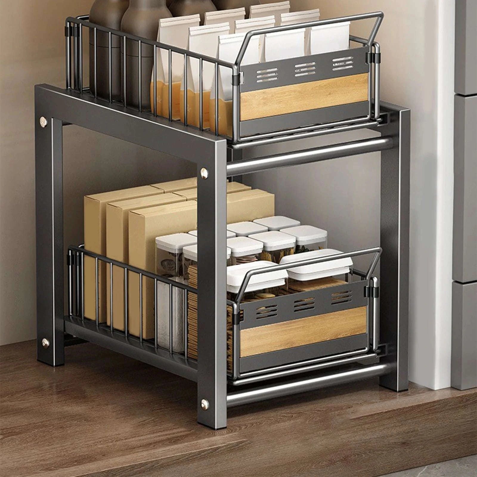 2-Tier Pull-Out Under Sink Storage Rack with Silent Sliding Drawers-2pcs / france