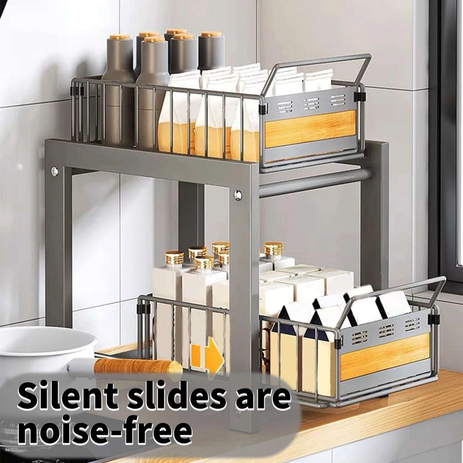 2-Tier Pull-Out Under Sink Storage Rack with Silent Sliding Drawers-2pcs / france