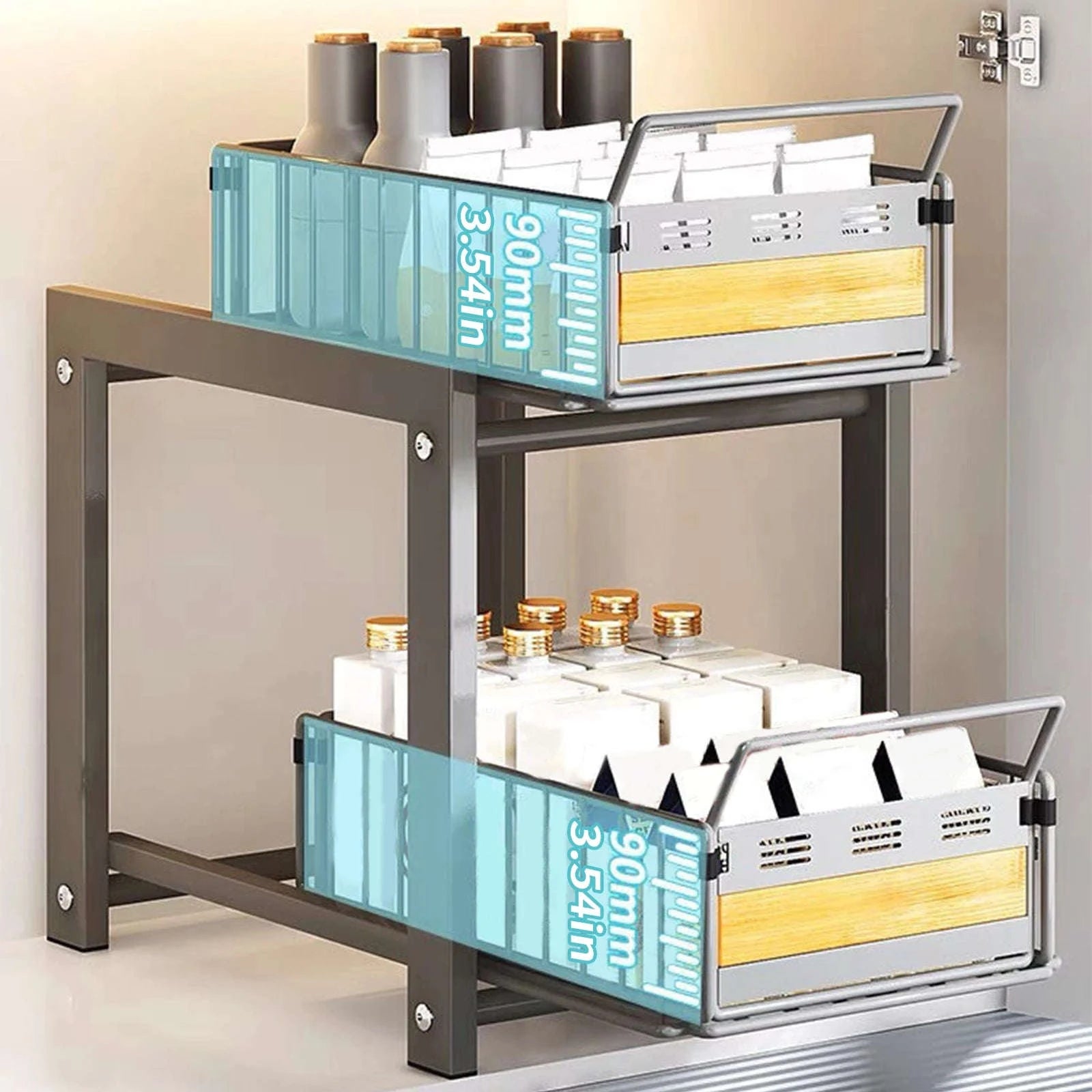 2-Tier Pull-Out Under Sink Storage Rack with Silent Sliding Drawers-2pcs / france