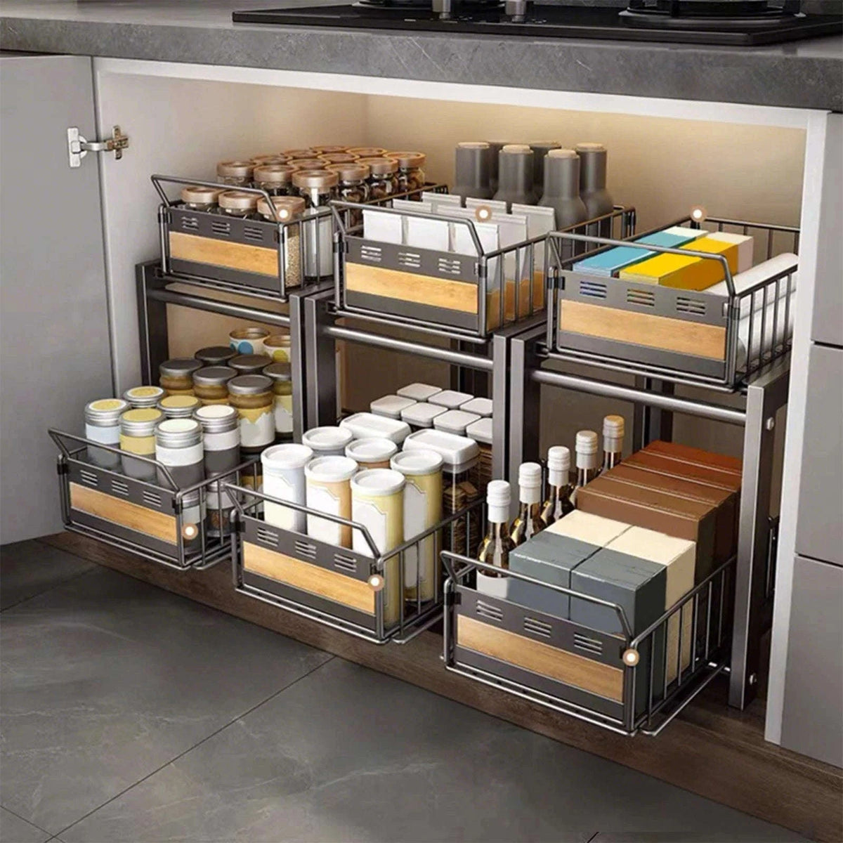2-Tier Pull-Out Under Sink Storage Rack with Silent Sliding Drawers-2pcs / france