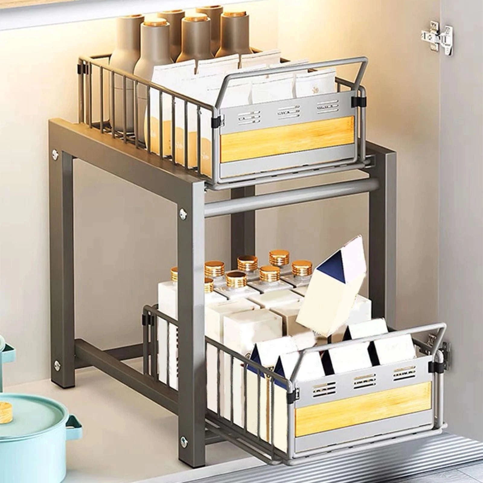 2-Tier Pull-Out Under Sink Storage Rack with Silent Sliding Drawers-2pcs / france