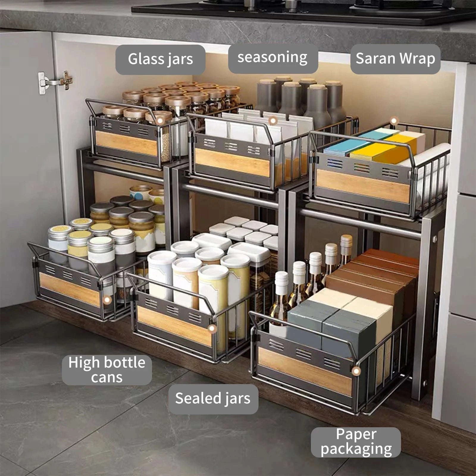 2-Tier Pull-Out Under Sink Storage Rack with Silent Sliding Drawers-2pcs / france