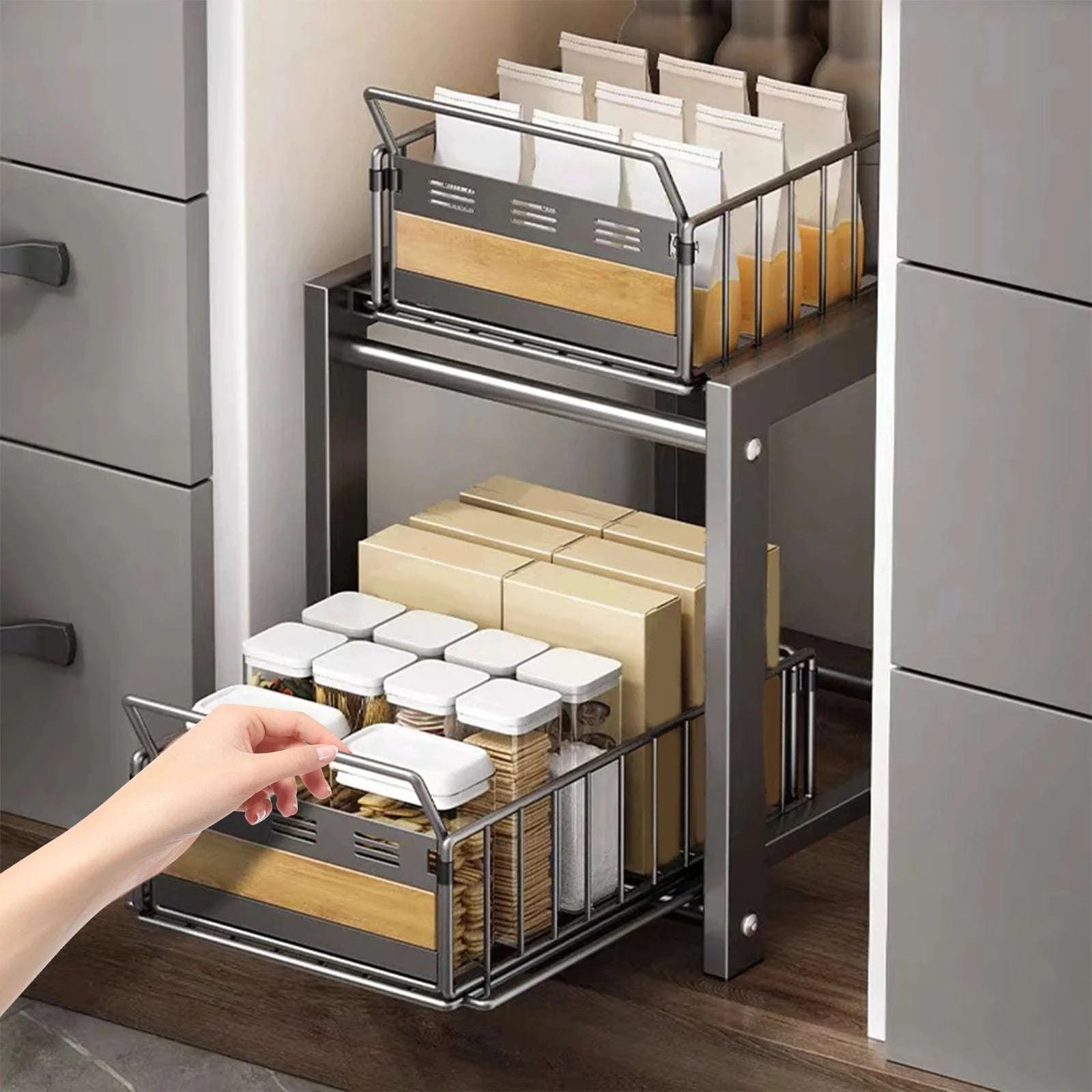 2-Tier Pull-Out Under Sink Storage Rack with Silent Sliding Drawers-2pcs / france