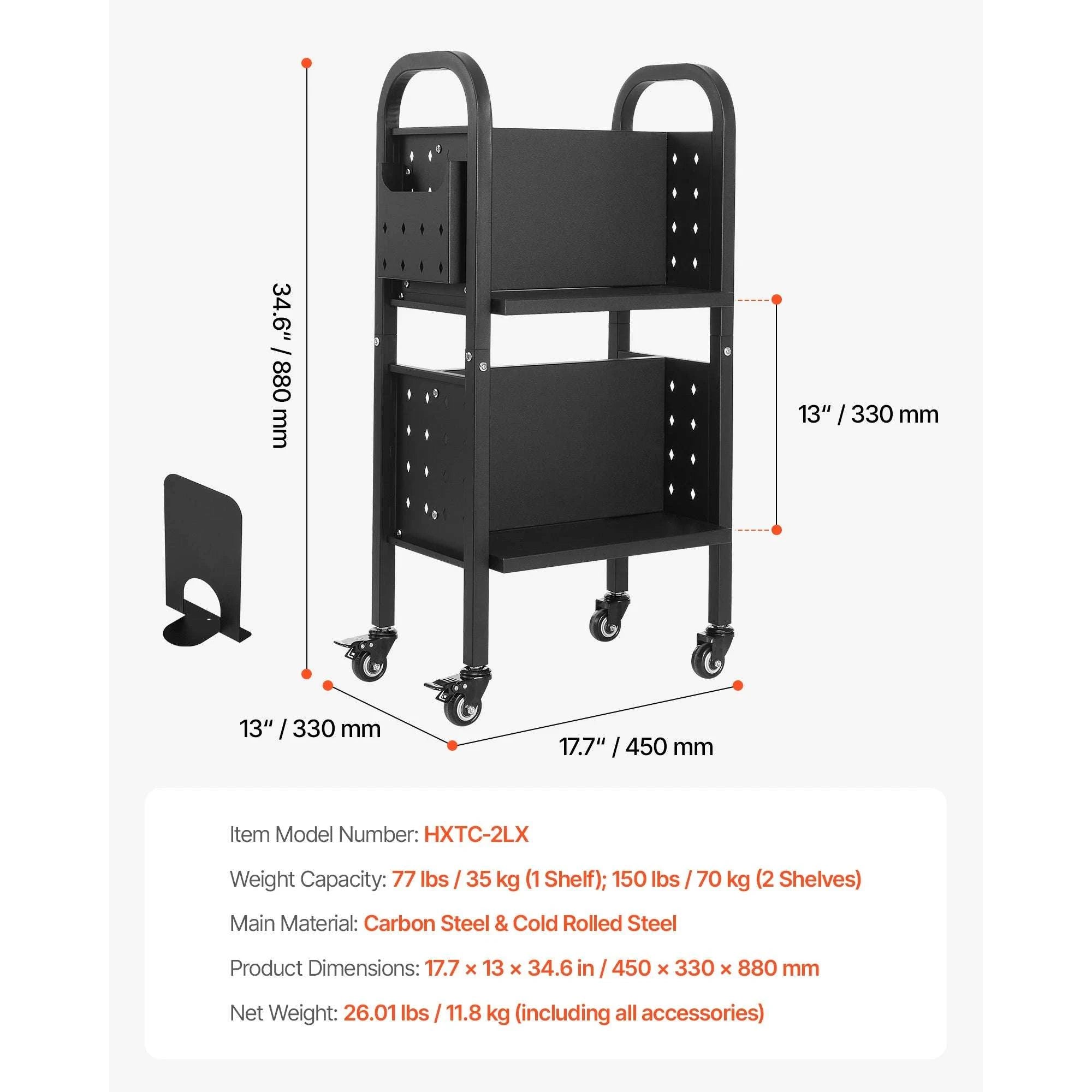 2-Tier Rolling Book Cart with Lockable Wheels, 150 lb Capacity-100lbs / GERMANY