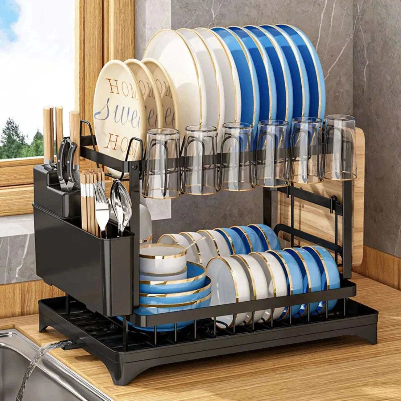 2-Tier Rotating Dish Drying Rack with Utensil Holder-black / L / United States|2-tier