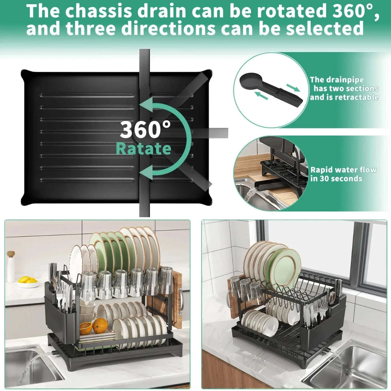 2-Tier Rotating Dish Drying Rack with Utensil Holder-black / L / United States|2-tier
