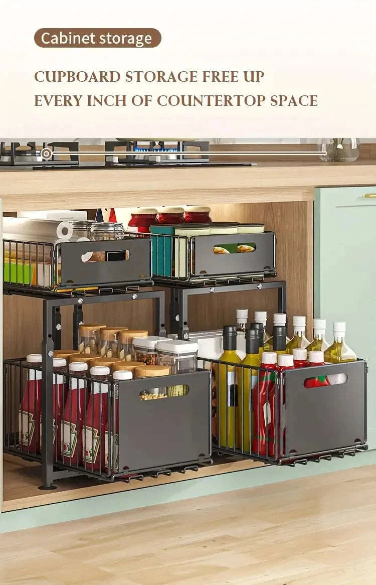 2-Tier Under Sink Pull-Out Organizer Adjustable Steel Drawer Rack-1pc / france / 2-tier