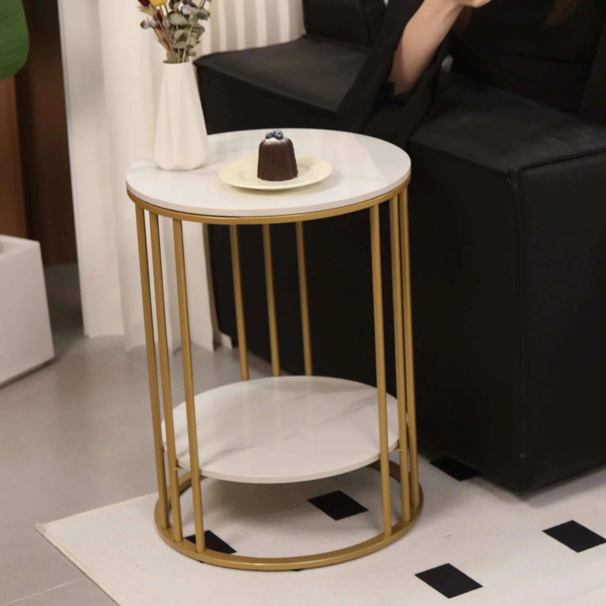 2‑Tier White Marble Side Table-Gold / United States