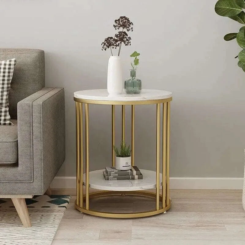 2‑Tier White Marble Side Table-Gold / United States