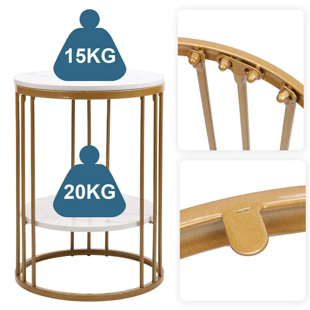 2‑Tier White Marble Side Table-Gold / United States