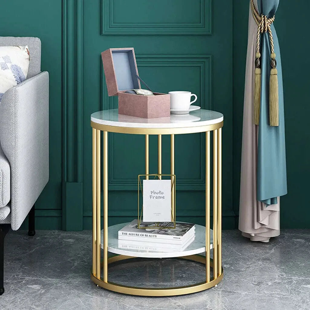 2‑Tier White Marble Side Table-Gold / United States