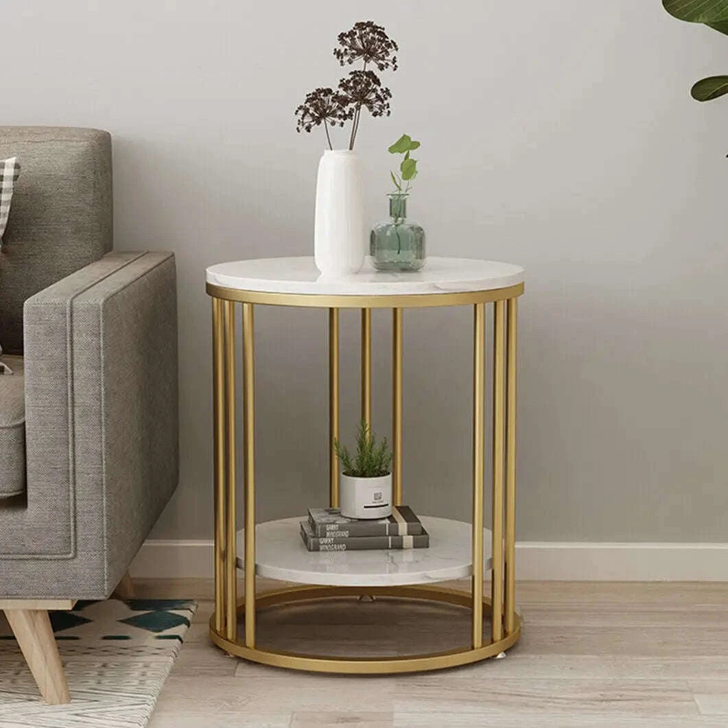 2‑Tier White Marble Side Table-Gold / United States