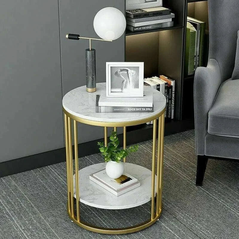 2‑Tier White Marble Side Table-Gold / United States