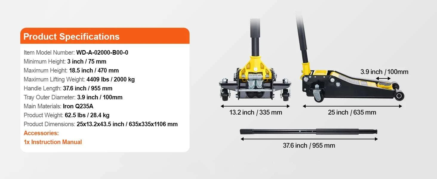 2 Ton Low Profile Hydraulic Floor Jack with Dual Pump Lift-2T Single / United States