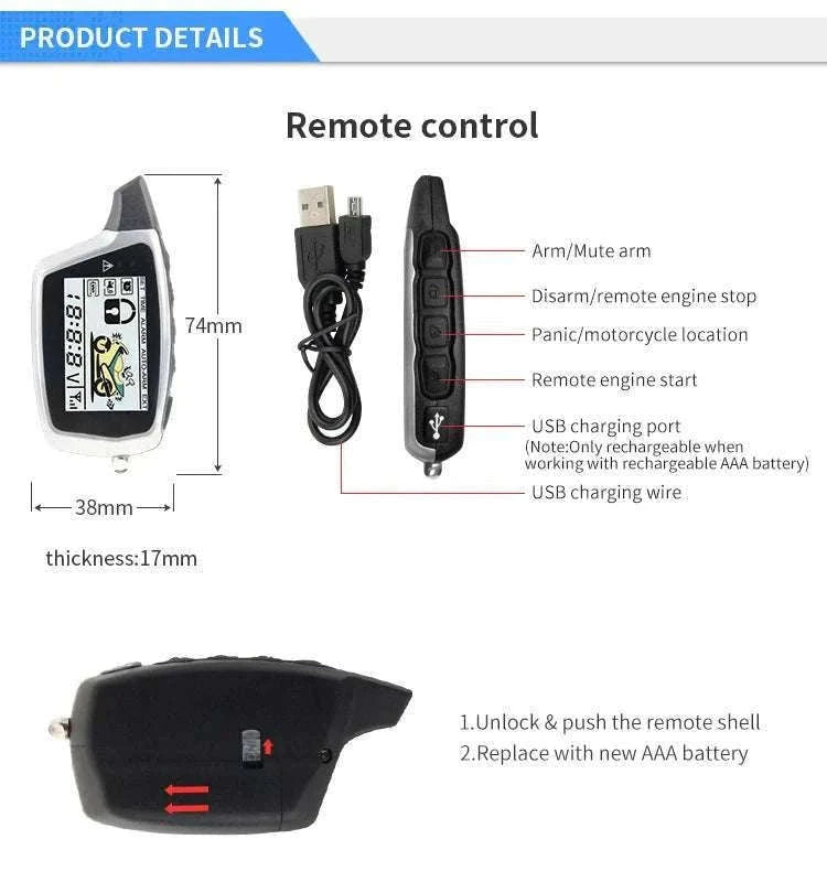 2-Way Motorcycle Alarm System with LCD Pager & Remote Start-Default Title