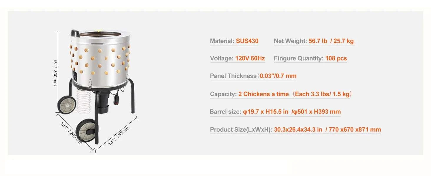 20" Chicken Plucker Machine with 108 Fingers & Stainless Steel Drum-WHITE / United States