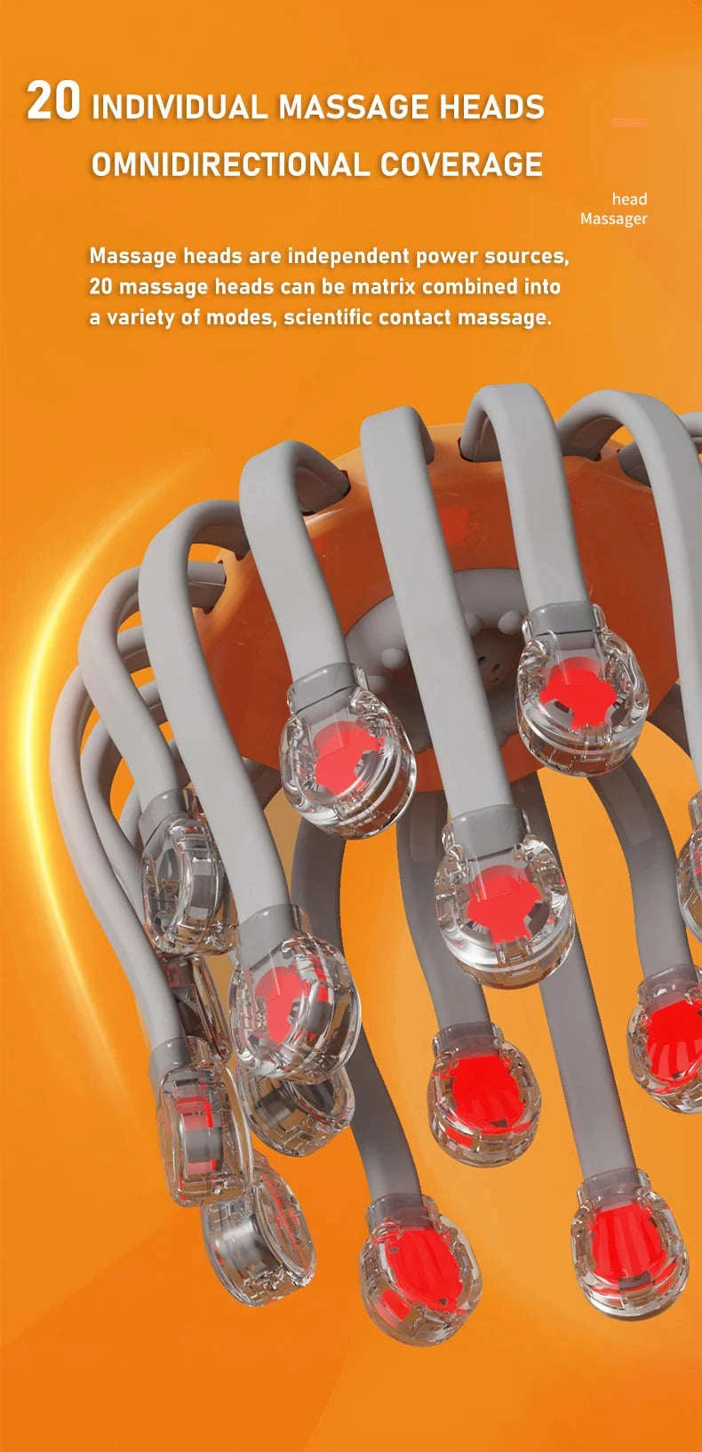 20-Head Orange Scalp Massager with Red Light Therapy-black