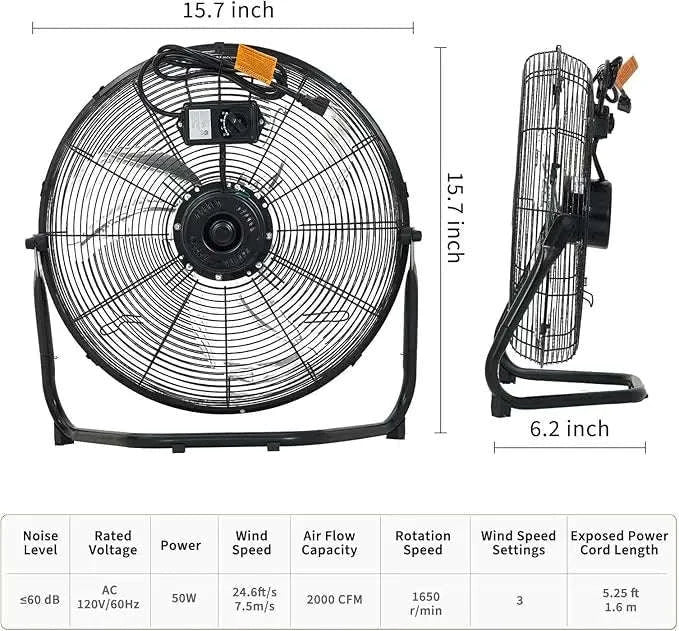 20 Inch High Velocity Floor Fan 4800 CFM 3 Speed Adjustable Tilt-20 in / United States