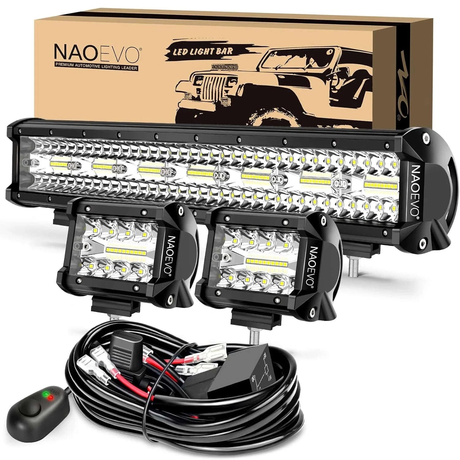 20 Inch LED Light Bar and 2 x 4 Inch LED Light Pods, 100W, 24000LM, 6500K, Waterproof Combo Beam-Default Title