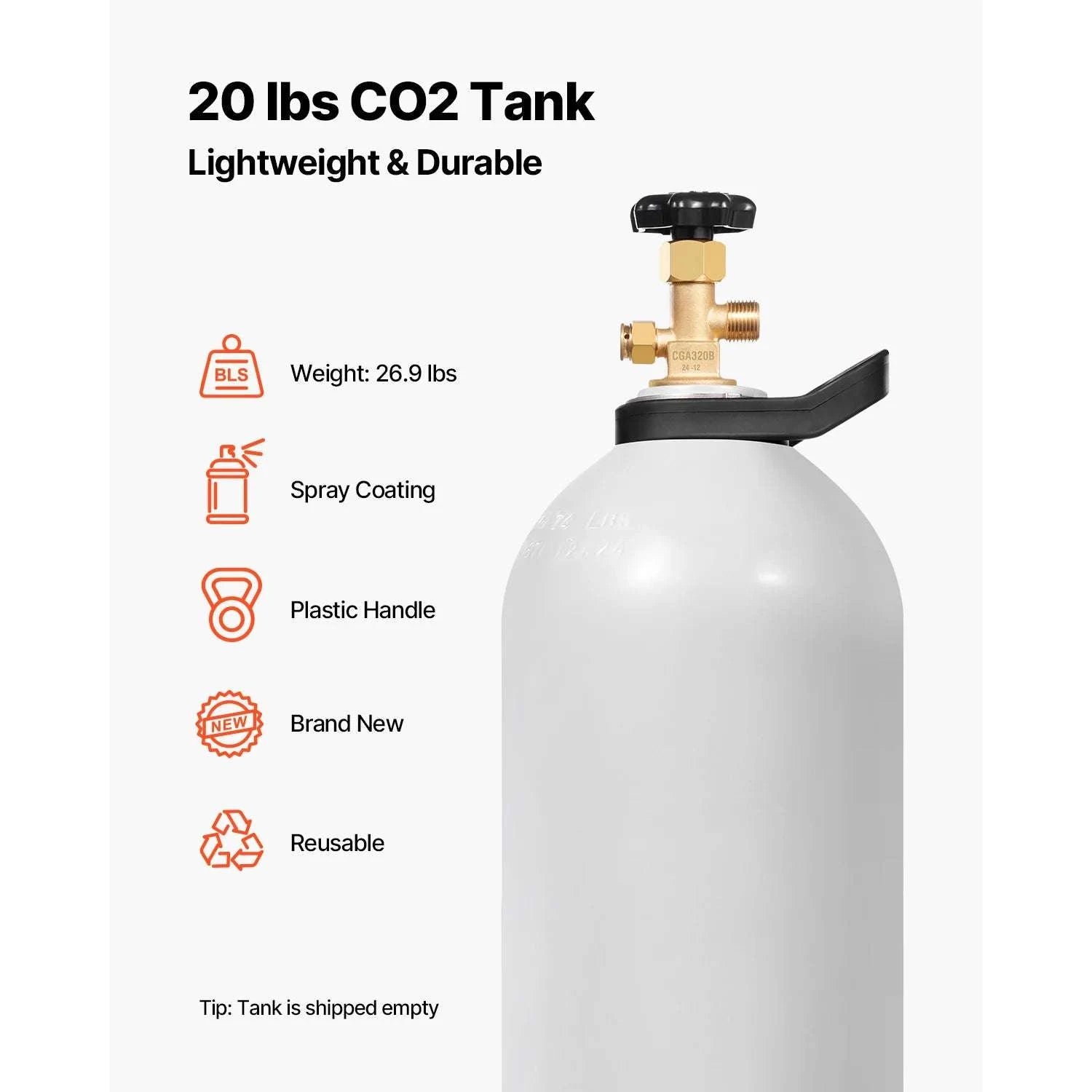 20 lb Aluminum CO2 Tank with CGA320 Valve for Beer & Beverage Use-20lbs 1800 psi / United States