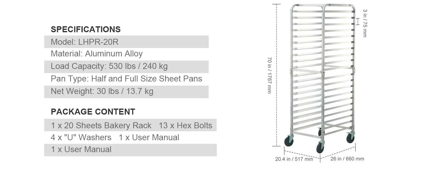 20-Tier Commercial Bun Pan Rack with Wheels Aluminum Bakery Trolley-20-Tier / spain