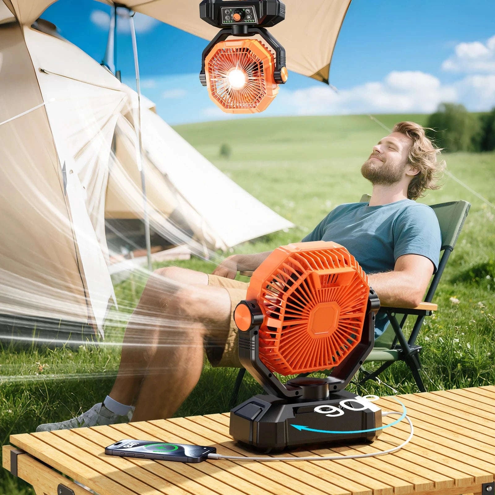 20000mAh Camping Fan with LED Lantern, 8-Speed Portable Outdoor Fan with Remote and Hook-8905A-Black / United States