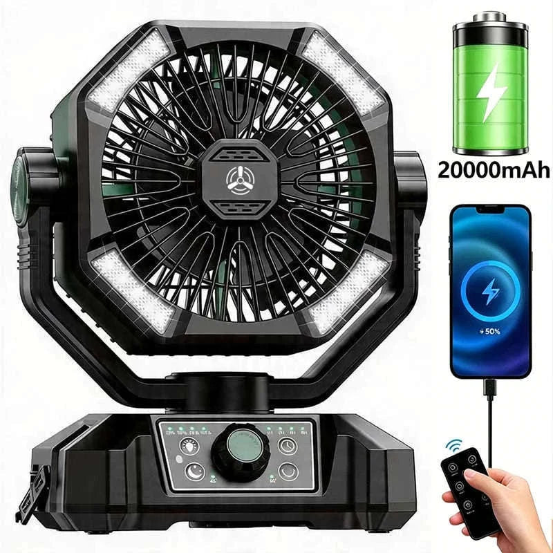 20000mAh Camping Fan with LED Lantern, Remote, 8 Speeds-Orange / Germany